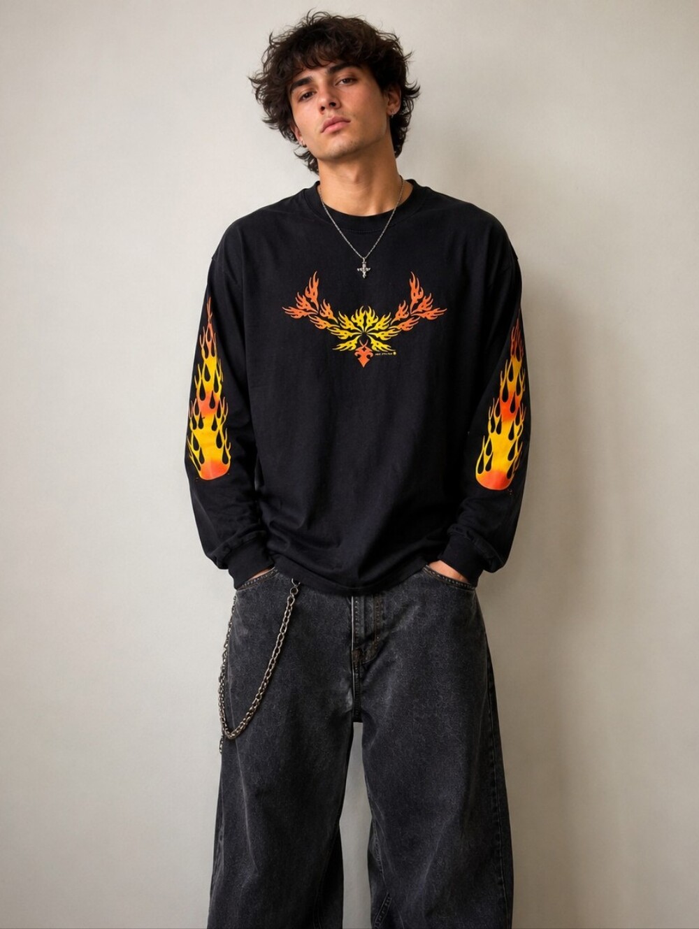 Vintage 2000's New Attitude Flame Graphic T Shirt Size L Y2K Long Sleeve Tee